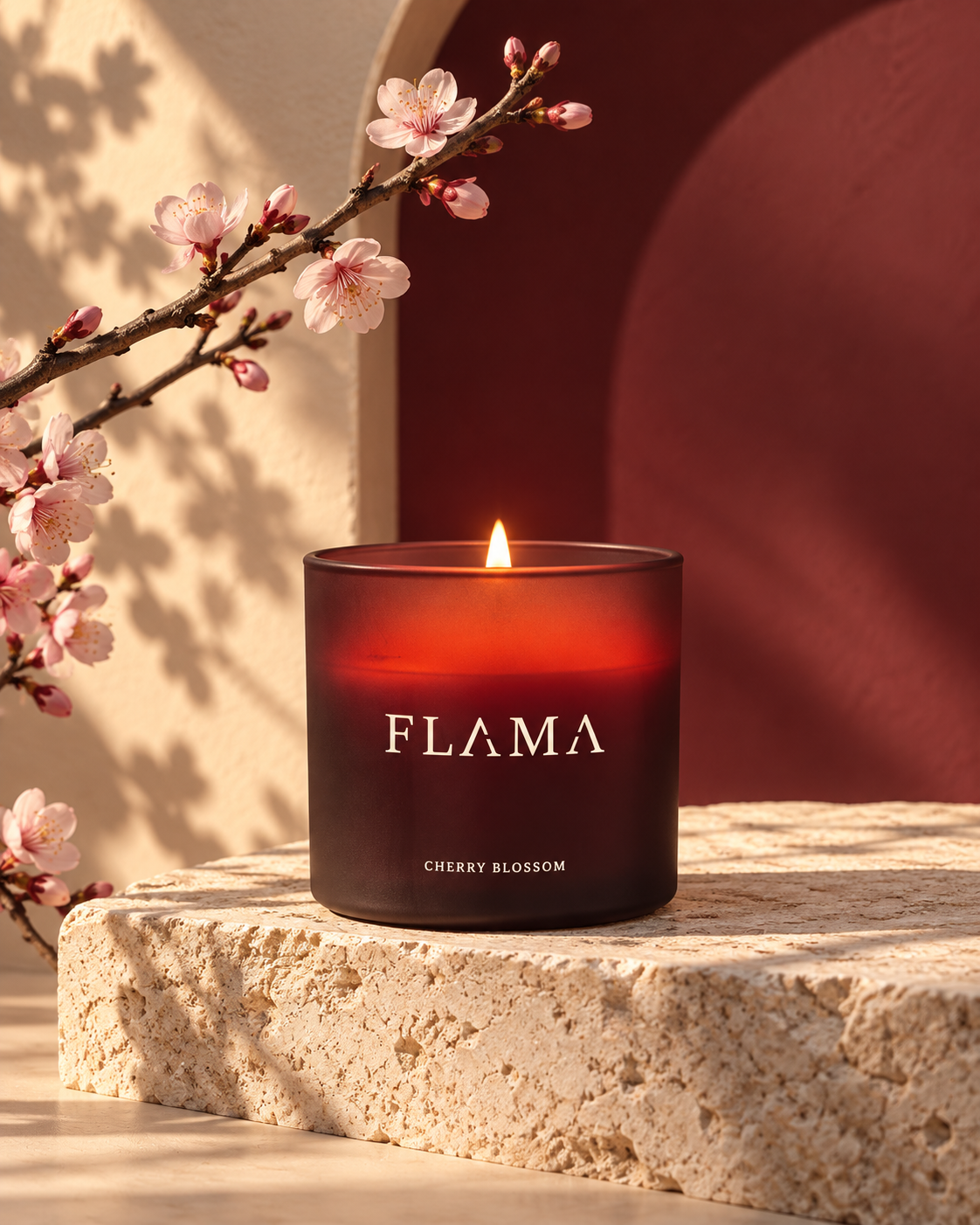 Vela Cherry Blossom de FLAMA en vidrio cereza, sobre una base de piedra